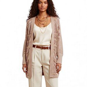 NWT GOLD HAWK Crochet Cardigan Sz S Beige Open Front 100% Cotton Cottage Boho